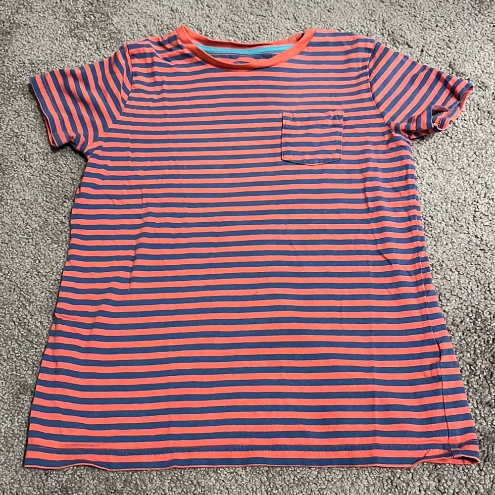 Mini Boden orange and blue striped pocket T-shirt 9-10y